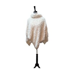 Fuzzy Shaggy Poncho Cowl Neck Cream Cozy Sweater Cape Cover Up Warm Winter